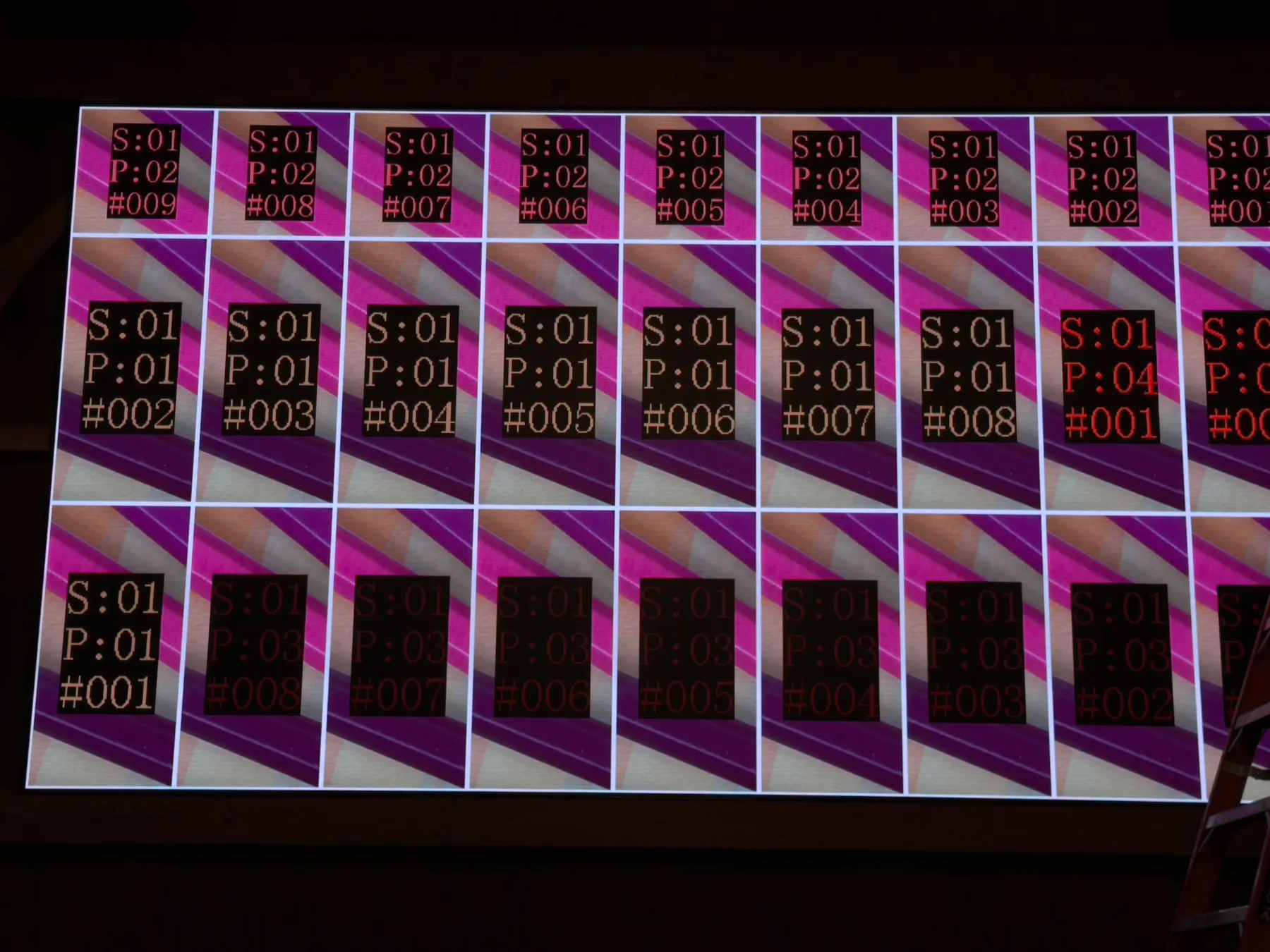 LED wall panels running a test pattern during installation