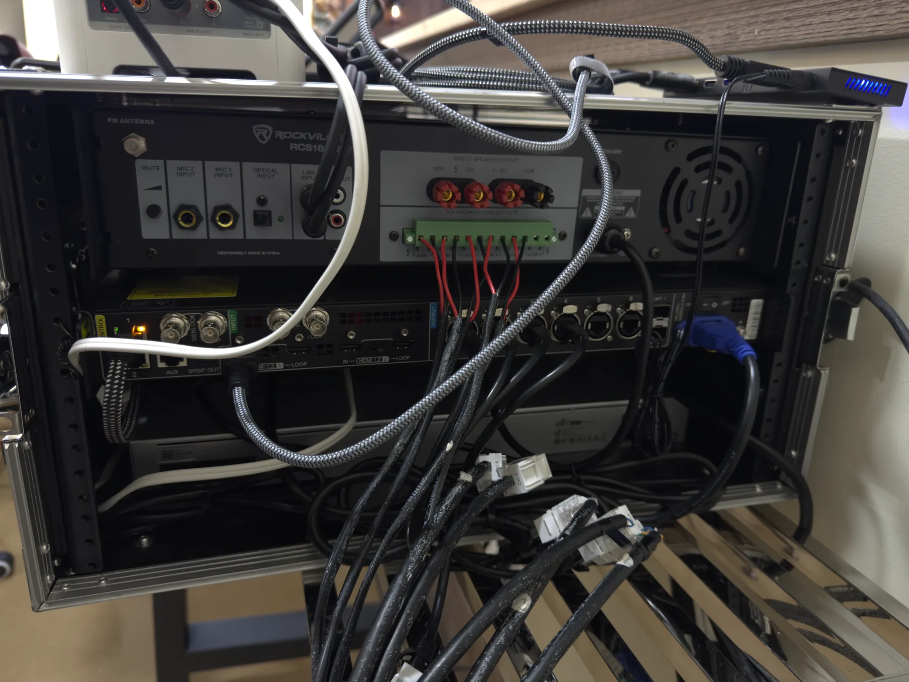 Rear of the equipment rack showing organized signal and power cabling