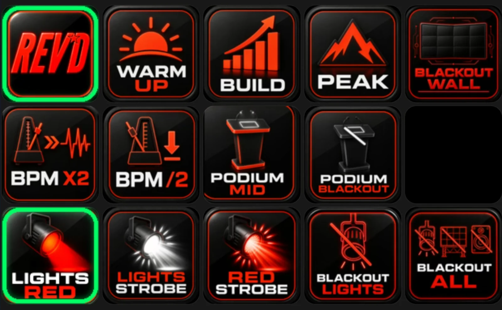 A five by three grid of custom Stream Deck button faces — phase, tempo, podium, wash and blackout controls — with the REVd overlay and red wash buttons outlined in green to show they are currently live.