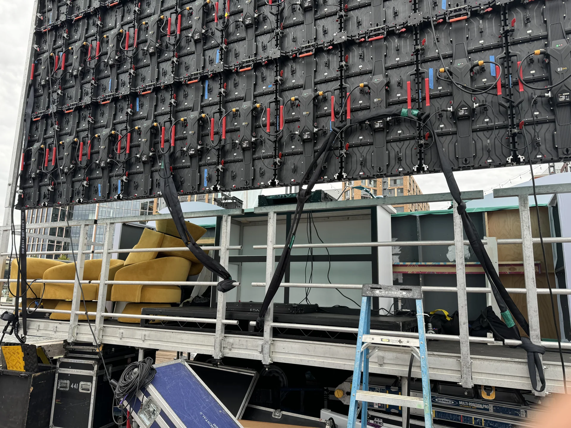 The back of the LED wall showing panel frames, power and data cabling