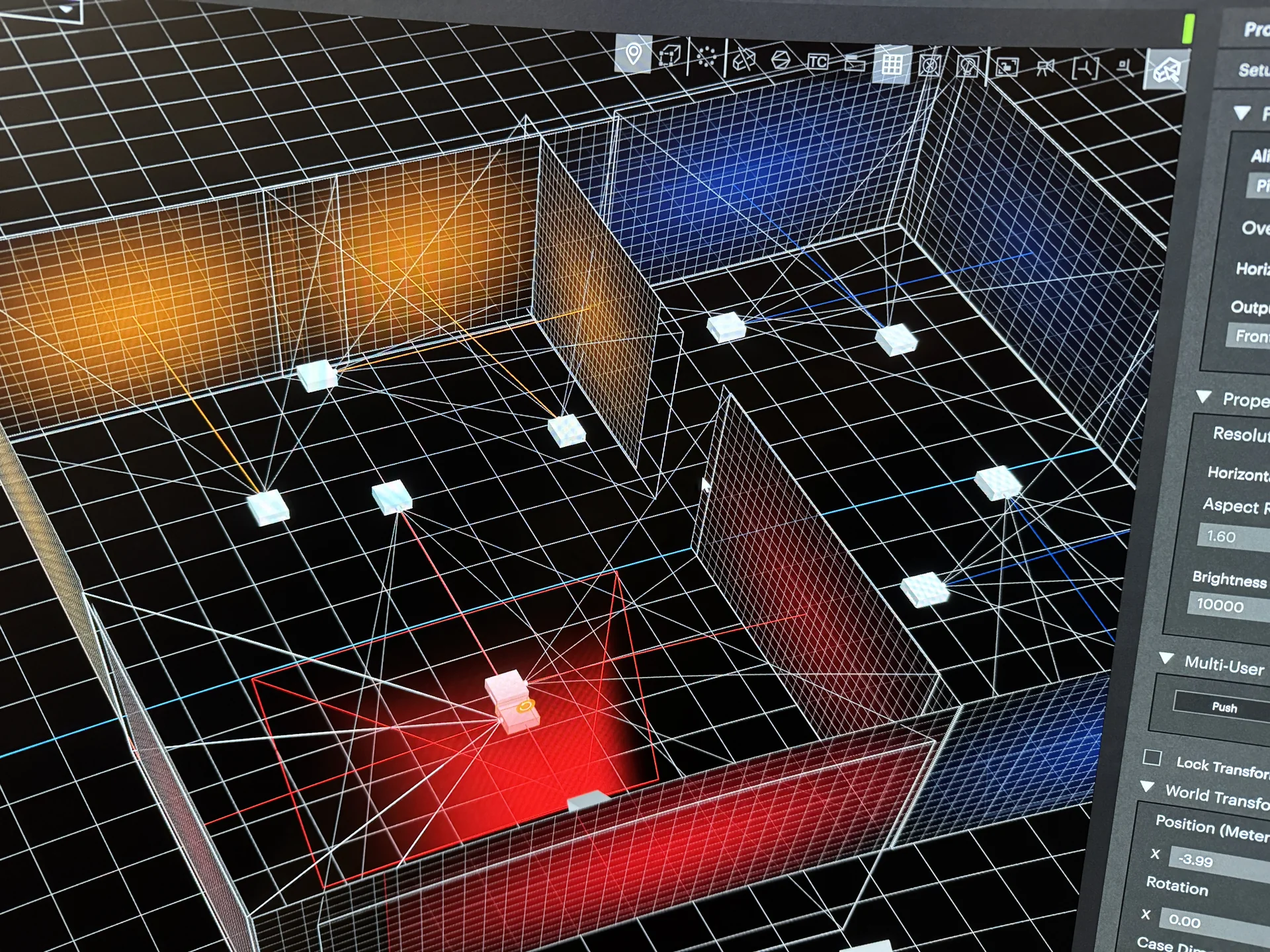 A 3D layout view showing projector positions and coverage cones inside the room model