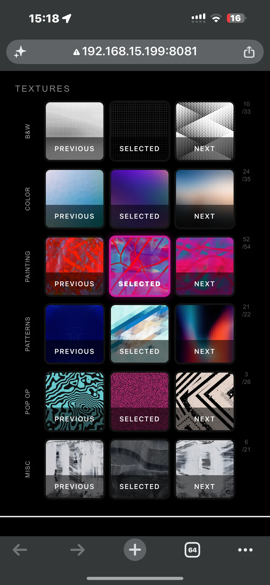 A phone browser showing a custom texture picker with categories for black and white, colour, painting, patterns and pop op