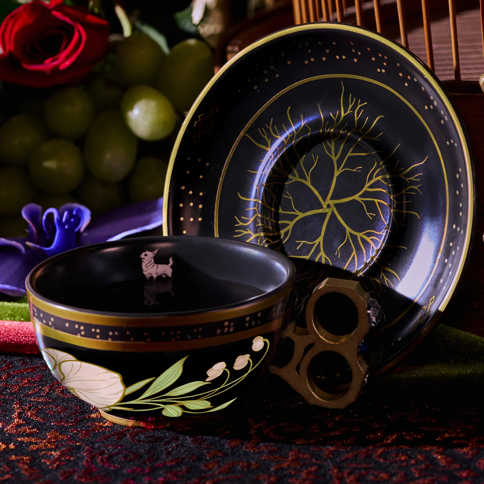 Thèria Haus tea set staged within the immersive brand environment