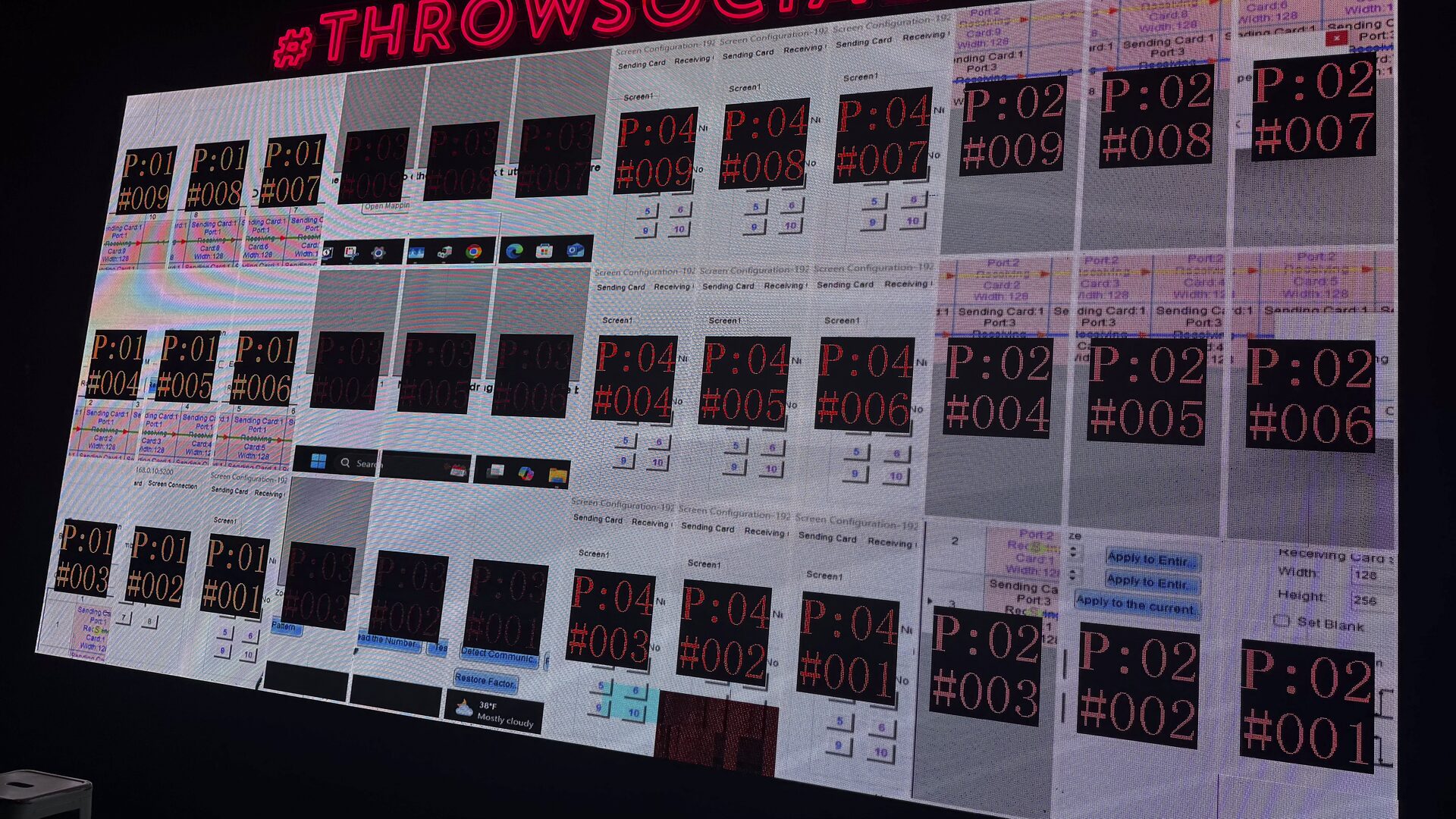 LED processor screen-configuration software showing the venue's sending cards, ports, and receiving-card layout